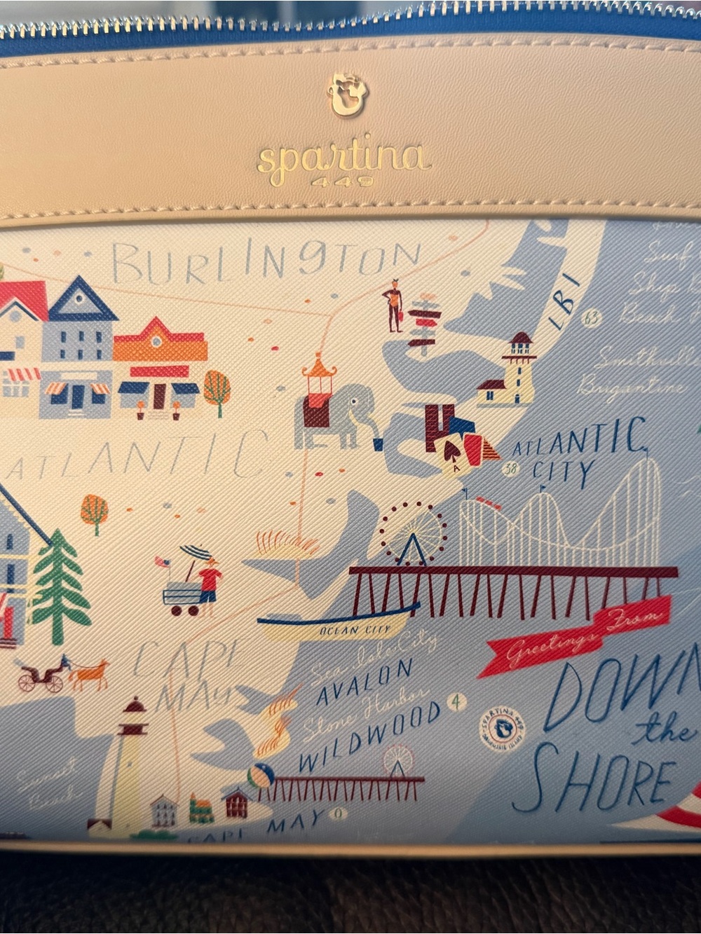 Spartina 449 Coastal Map Zip-Top Tote in Light Blue and Cream with Red Accents